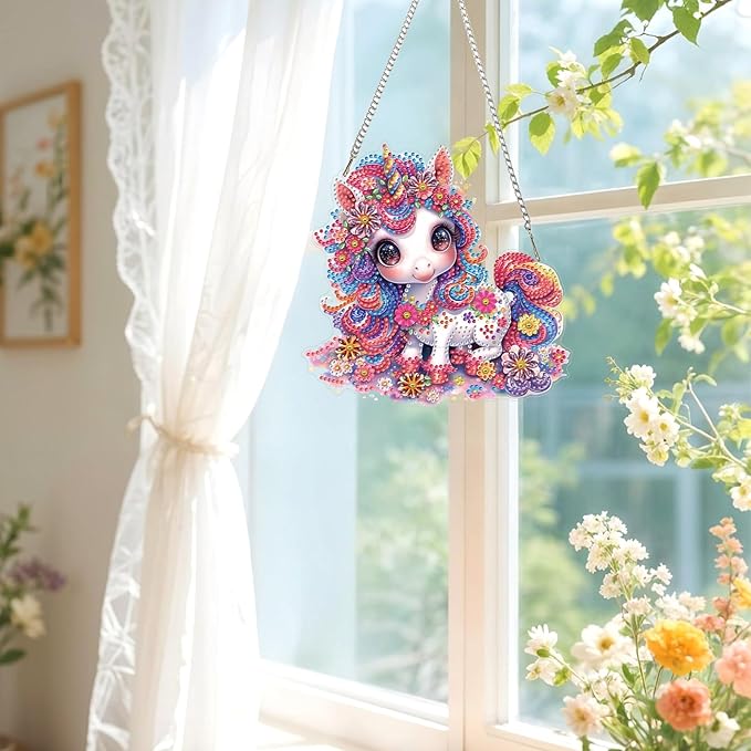 Lxmsja DIY Cute Unicorn Diamond Painting Hanging Ornament, Double-Sided Acrylic Colorful Flowers Diamond Art Kit, Special Shaped Suncatcher Hanging Pendant Window Art Kit