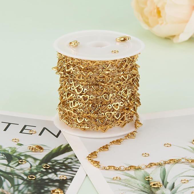 YOUBEIYEE 4 Meters Gold Plated Stainless Steel Jewelry Making Chain Hollow Heart Chain for Jewelry Making with Lobster Clasps Jump Rings