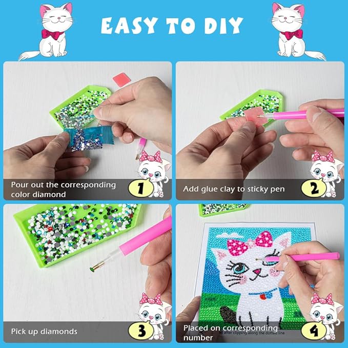 QEUOYSS Diamond Art Kit for Kids with Wooden Frame Art and Crafts for Kids Ages 6-8 -10-12 Easy to DIY Diamond Art for Kid and Adult Beginners Home Wall Decoration (Cat)
