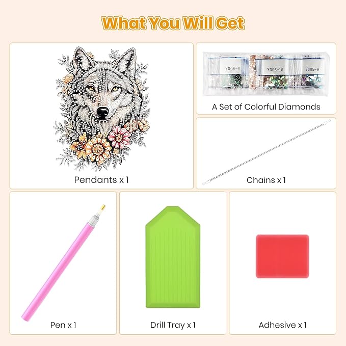 MOGTAA Wolf Diamond Art Hanging Pendant Kits, 5D Special Shape Diamond Art Kits for Adults, Crystal Rhinestones Flowers Diamond Painting Gem Art for Home Garden Wall Decor
