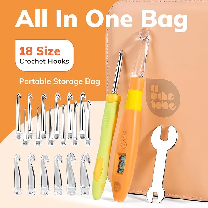 PP OPOUNT 18 Sizes Light Up Crochet Hook Set (2.0–14.0mm) - Plastic Rechargeable Lighted Hooks with LED & Digital Counter, Sliver Crochet Tools and Orange Counting Crochet Hook（Ambidextrous