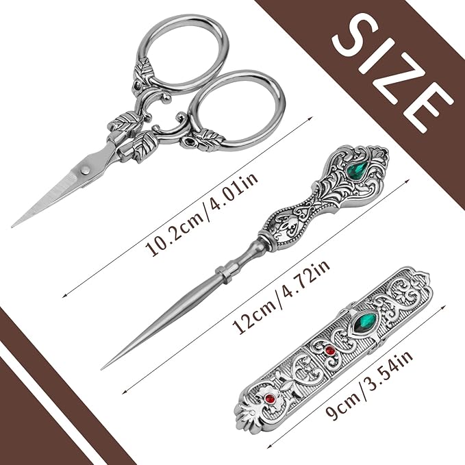 kdafio Embroidery Scissors Kits, Vintage Scissors European Style Sewing Tools with Embroidery Scissors, Sewing Awl, Sewing Needle Case, Complete Sewing Kits for Embroidery and Craft Art Work (Silver)