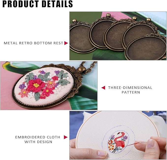 ZOCONE 6 Packs Embroidery Necklace Kit, Embroidery Pendant Kit Mini Cross Stitch Kit with 4 Hoops, Necklace, Pendant, Stamped Pattern Cloth, Instructions, etc., Embroidery Kit for Adults