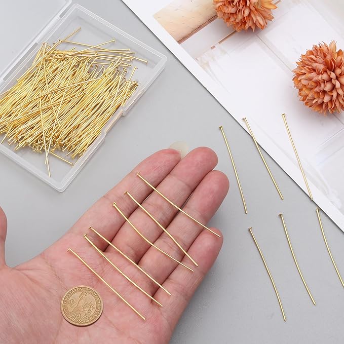 200 Pcs 50mm Straight Head Pins for Craft Earring Bracelet Necklace Pendant DIY Jewelry Making, Gold Color