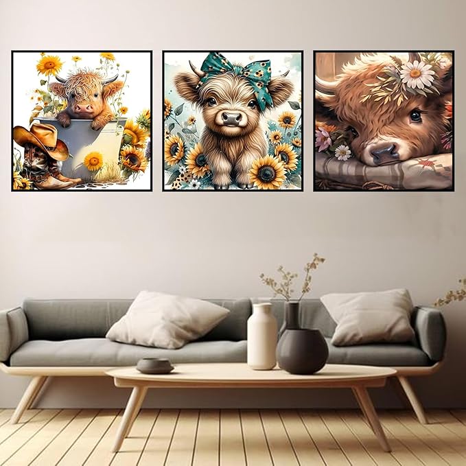 igoodom 3 Pack Cow Diamond Art Kits for Adults, Highland Cow Diamond Painting Kit, Full Drill Round Diamond Art Kits, DIY Gem Art and Crafts for Home Wall Decor Gift 14x14inch