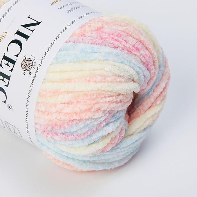 NICEEC 3 Skeins Soft Chenille Yarn Blanket Yarn for Knitting Fancy Yarn for Crochet Weaving DIY Craft Total Length 3×85m (3×93yds, 3×50g)_Candy