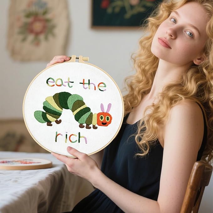 Hungry Caterpillar Embroidery Kits for Beginners Adults, Cute Embroidery Starter Kits, Counted Cross Stitch Kits for Beginners DIY Craft Kits for Adults Women, Embroidery Hoop, Thread & Video Tutorial