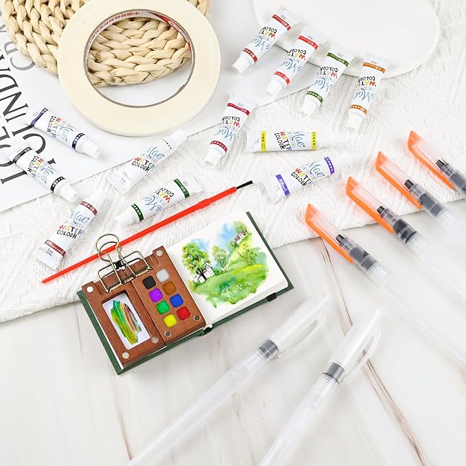 Mini Portable Watercolor Palette Set–Complete Travel Watercolor Set with 12 Watercolor Paints, Wooden Grid Paint Box, Mini Sketch Book, Masking Tape, 6 Brush Pens & Binder Clips