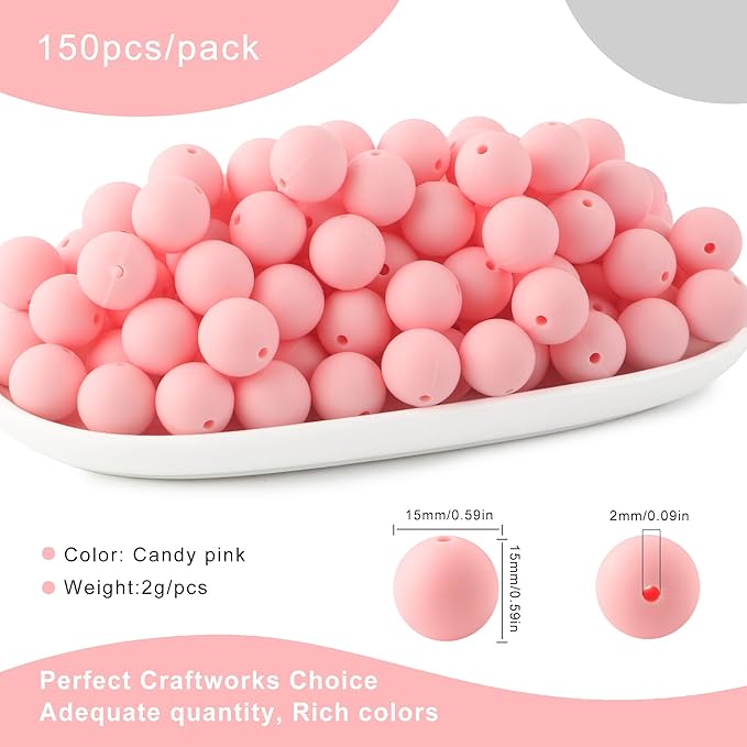 150Pcs 15mm Silicone Beads for Keychain Making Bracelet Necklace, Bulk Round Silicone Beads for Pens(Candy Pink)