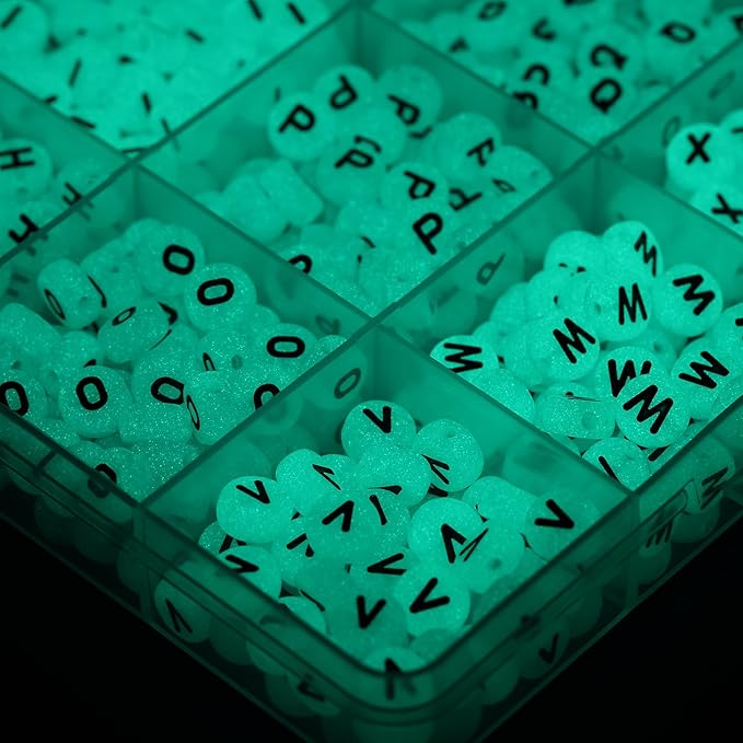 Melius 1450Pcs Acrylic Glow Letter Beads, Alphabetical Glowing in The Dark Beads in 28 Grid Box for Jewelry Making, DIY Bracelets, Necklaces, Key Chains (Glowing, 4x7mm)