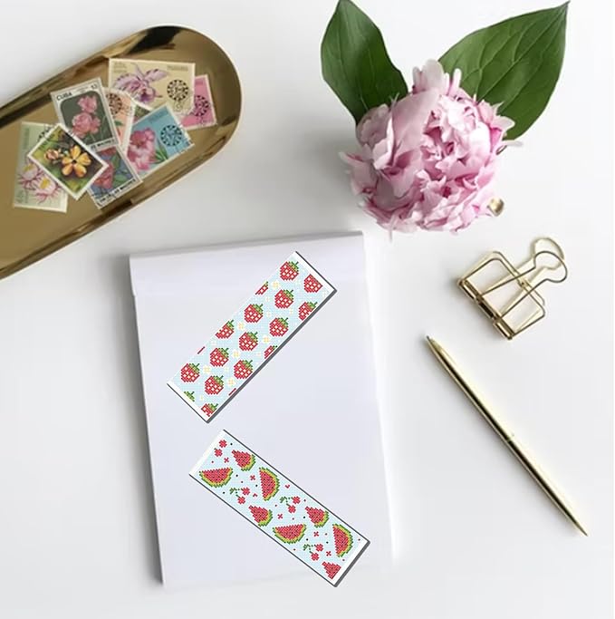 FREEBLOSS 6 Set Cross Stitch Bookmark Kit Stamped Cross Stitch Kit Refreshing Fruits Theme Embroidery Set with Instruction for Adults 8''*2.4''