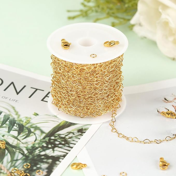 UMAOKANG 5 Meters Gold Plated Stainless Steel Chain for Jewelry Making Hollow Heart Chain Roll with Jewelry Findings