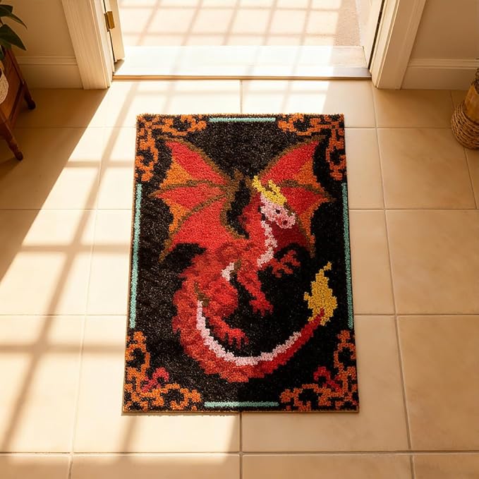 ORIGACH Dragon Latch Hook Rug Kit for Adults Printed Rug Making Kit Handmade Carpet Tapestry Cover with Hook Latch and Preprinted Canvas, Home Arts Crafts Sofa Decor, 20.5x15inch