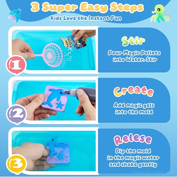 poonoo crafts kits toys - birthday gifts for girls & boys 6-12, 25 molds 20 colors magic water elf toy kit, aqua fairy water gel kit for kids, diy squishy maker, make your own water pets