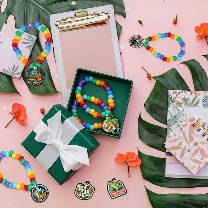 Tondiamo 24 Sets Rainforest Falls Bracelet Crafts Bulk VBS 2026 Bracelet Making Kit DIY Rainforest Falls Bead Wristband Jungle Wooden Cutouts Charms for Vacation Bible School Crafts Jewelry Making