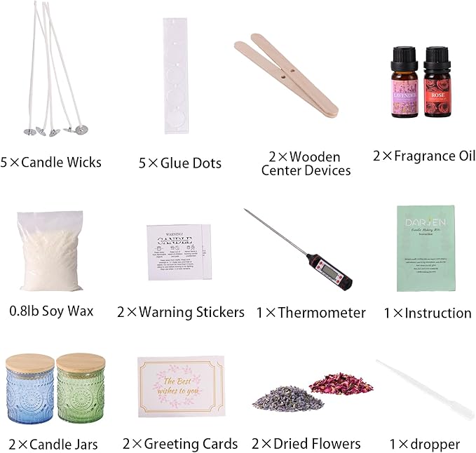 DARJEN Candle Making Kits for Adults- Soy Candle Making Supplies with 2 Candle Jars(Blue, Green), Wax, Scents, Card & More, DIY Starter Candle Making Kit, Full Set DIY Arts & Crafts Gift