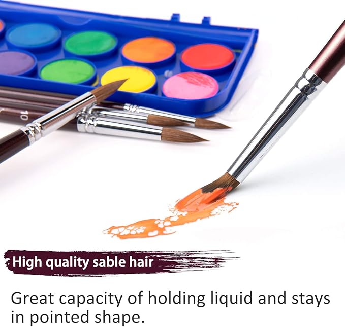 Sable Watercolor Brushes, Fuumuui 9pcs Detail to Mop Sable Brushes Round Pointed Professional Water Color Brushes Perfect for Watercolor Gouache Acrylic Ink Painting