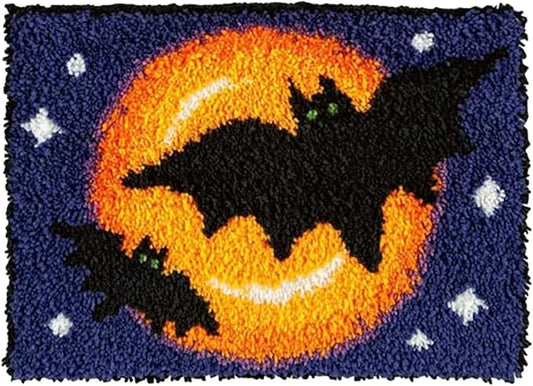 ZFFLYH Halloween Latch Hook Kits Rug for Adults Beginner, DIY Crochet Yarn Kits Anti Slip Base Fabric with Printed Canvas Mat Tapestry Needlework Sets 20" X 15,Halloween bat