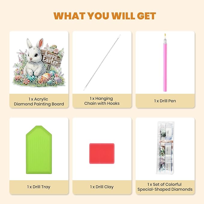 MXJSUA Diamond Art Hanging Kits for Adults Beginners, DIY Acrylic 5D Special Shaped Crystal Diamond Gem Art Painting Hanging Ornament for Home Wall Decor and Gift (White Easter Bunny)