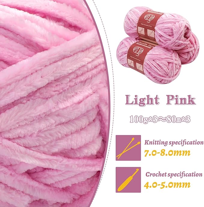 LUNARM Chenille Yarn for Crocheting Knitting, 3 Skein 263 Yard Thick Soft Chunky Fluffy Weaving Plush Yarn for Blankets Clothes Pattern Creations with Big Eye Needles (Light Pink)
