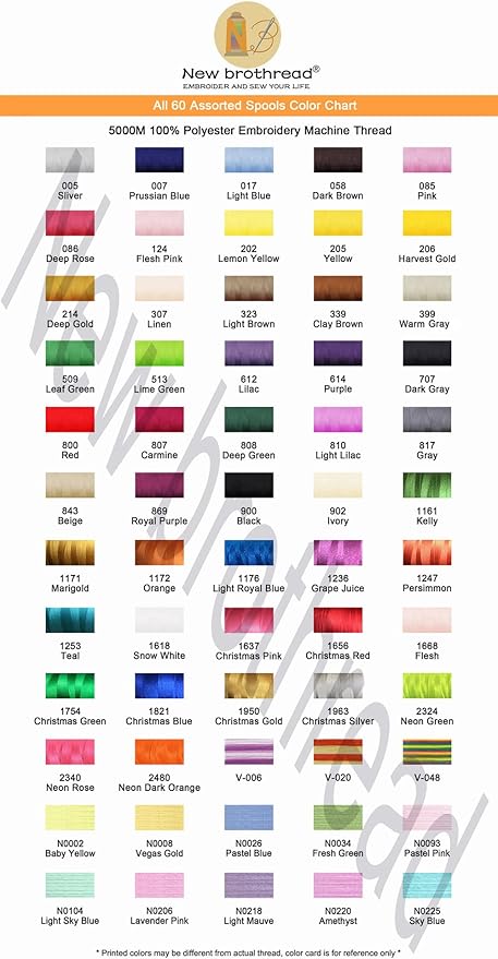 New brothreads - All 60 Assorted Colors of Huge Spool 5000M Polyester Embroidery Machine Thread for Commercial and Domestic Embroidery Machines