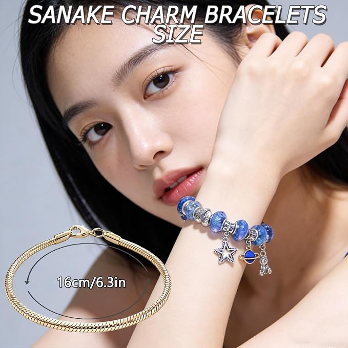 Exway 10 Pcs Snake Charm Bracelet Chain 6.5 Inch Gold Charm Bracelet Kit Snake Chain Bracelets Chain for Christmas DIY Women Jewelry Making Gifts