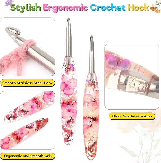 Katech 6.5mm Crochet Hook for Arthritic Hands, Hand-Polished Stainless Steel Ergonomic Crochet Hooks with Customized Sparkle Dried Floral Grip, Soft Tapered Hook-Crochet Gift for Beginner & Crocheter