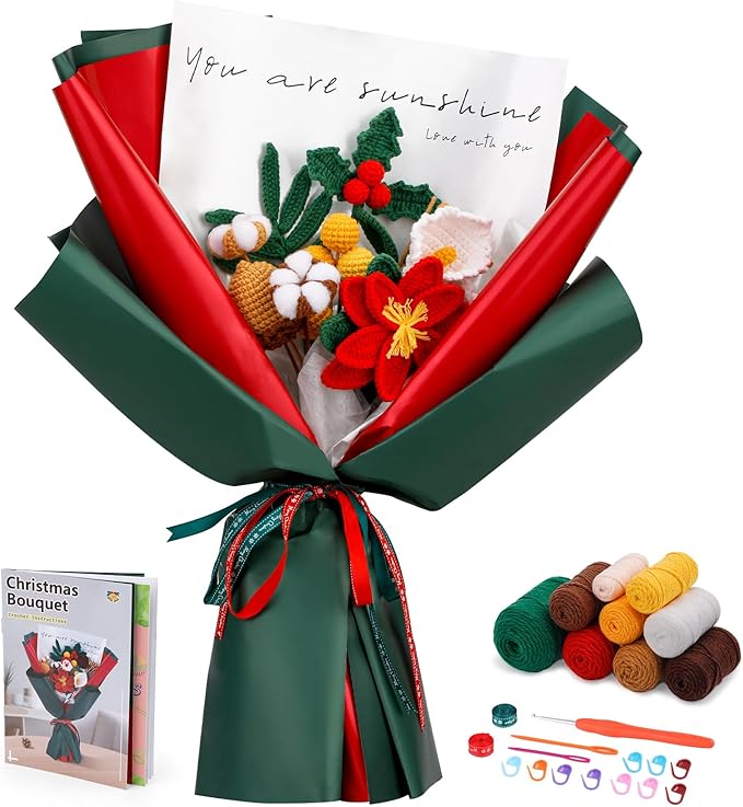 Pnytty Crochet Kit for Beginner Adults, Flower Bouquet Crochet Starter Kit with Step-by-Step Video Tutorials Knitting Kit for Holiday, Home Decor, Anniversary Day Present