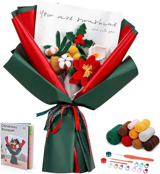 Pnytty Crochet Kit for Beginner Adults, Flower Bouquet Crochet Starter Kit with Step-by-Step Video Tutorials Knitting Kit for Holiday, Home Decor, Anniversary Day Present
