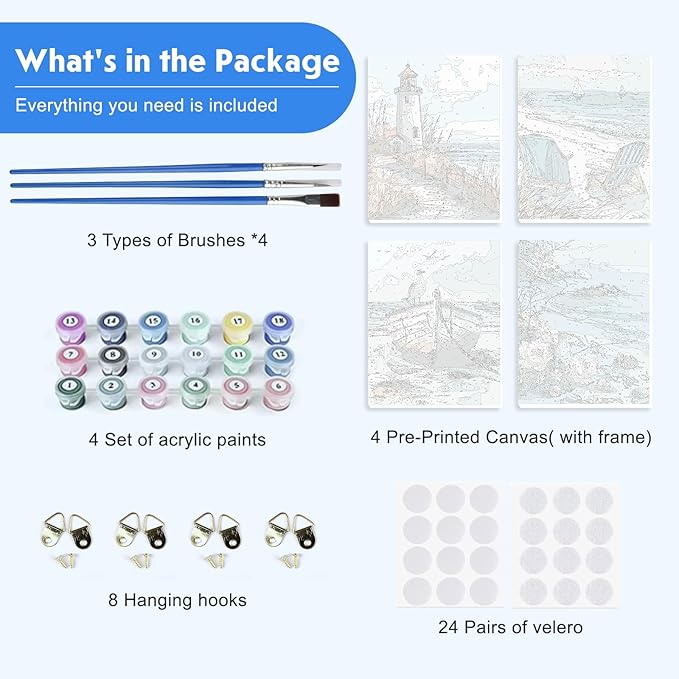 NEWENMO 4 Pack Paint by Numbers Kit for Kids Beginner with Wooden Frame, Lighthouse, Beach, Paint by Numbers Kit for Adults, Coastal Landscape, DIY Painting Kits for Home Wall Decor 8x10 inch