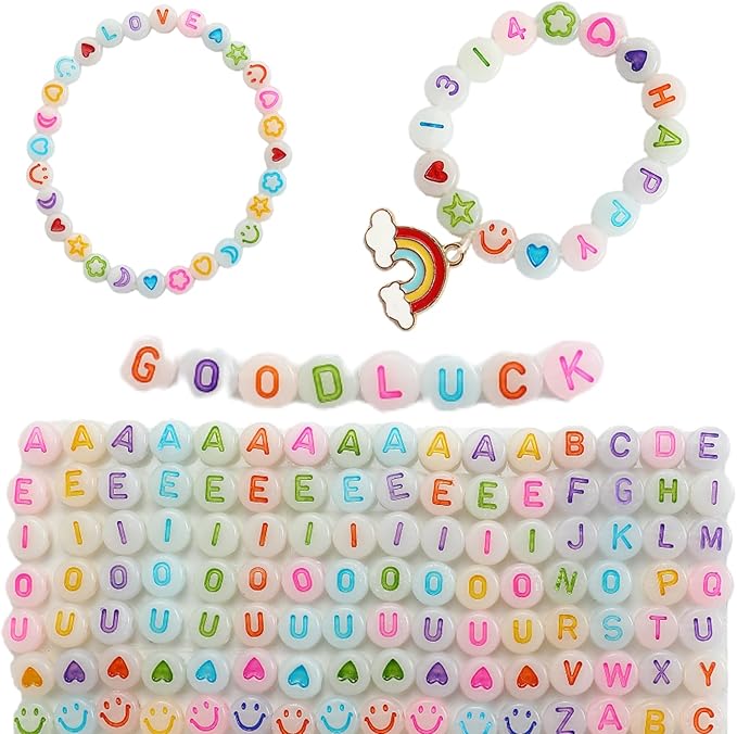 nikkiGuo 1250 PCS Letter Beads Kit with Elastic Cord – Alphabet A–Z, Numbers, Heart, Moon, Star, Smiley Beads for Friendship Bracelets & DIY Jewelry (Glow in The Dark & Colorful Letters)