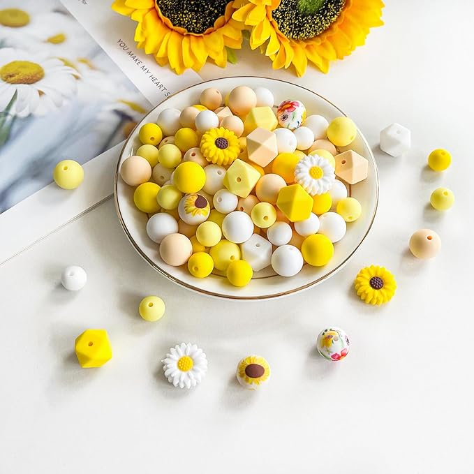 104Pcs Daisy Silicone Beads for Keychain Making Silicone Focal Beads Bulk Yellow White Round Hexagon Loose Beads for Pens Necklace Bracelets Jewelry Making