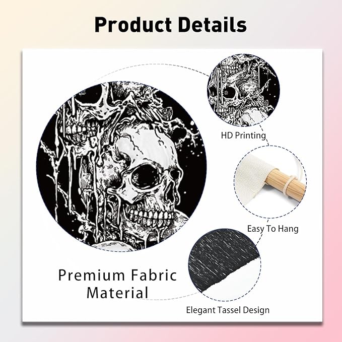 PLIGREAT 2 Pack Skeleton Tapestry with Tassels, 52" x 13" Black and White Aesthetic Wall Hanging Goth Style Vertical Home Art Tapestry for Bedroom Living Room Long Narrow Wall Hanging Art Decor