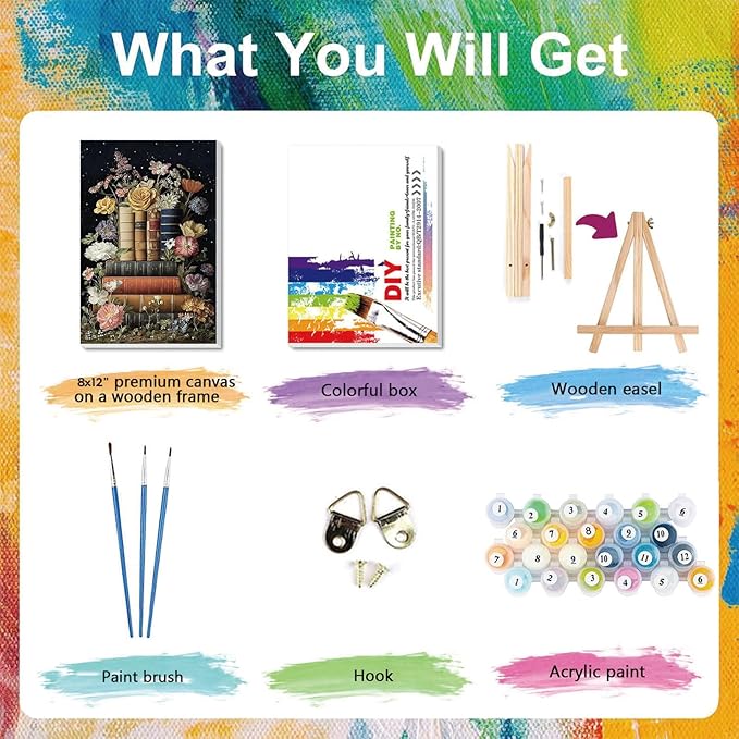 xackcme Book Paint by Numbers for Adults with Framed Canvas - with Wooden Easel, Flowers Paint by Number on Canvas, DIY Books Acrylic Oil Painting Kits with Brushes for Home Wall Decor (8x12 inch)
