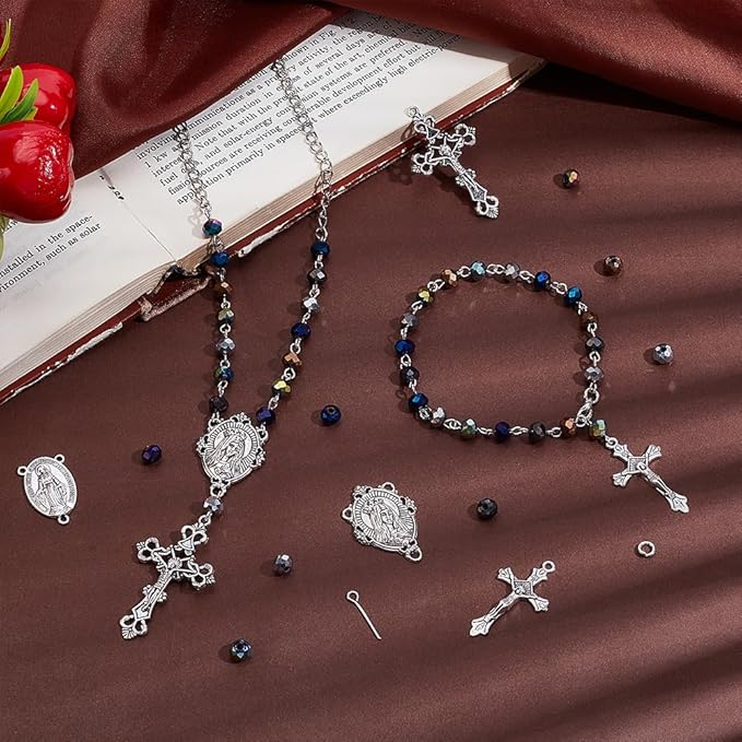 PH PandaHall 726pcs Rosary Jewelry Making Kit Prayer Making Supplies Crystal Glass Beads AB Color Loose Beads Cross Pendants Link Charms for Easter Ramadan Jewelry Making Necklace Bracelet Earring