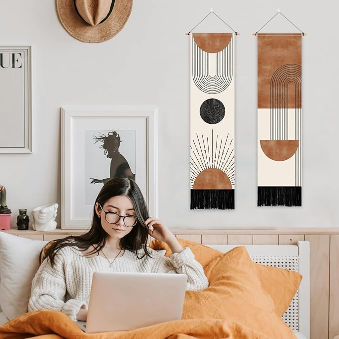 PLIGREAT 2 Pack Boho Style Tapestry with Tassels, 52" x 13" Geometric Aesthetic Wall Hanging Vertical Home Art Tapestry for Bedroom Living Room Bathroom Long Narrow Wall Hanging Art Decor