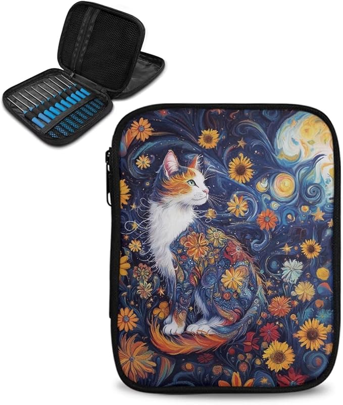 Hechitok Cat Flower Crochet Hook Case with Zipper and Web Pockets for Crochet Needles/Knitting Accessories Lightweight Organizer Bag for Crochet Hook Kit Tools