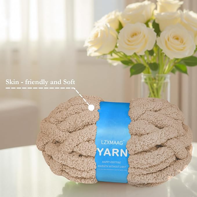 Chunky Yarn for Hand Knitting and Blankets – Super Soft Jumbo Chenille Yarn Pack for Crocheting, Bulky DIY Projects, 8 Skeins(Khaki)