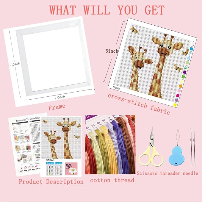 VIGEGU Giraffe Cross Stitch Kits for Beginners,Stamped Cross Stitch for Adults with Framed,Crafts for Girls 8-12 Embroidery Kit Partial 11CT Cross-Stitch Arts and Crafts for Adults 6.7x6.7inch