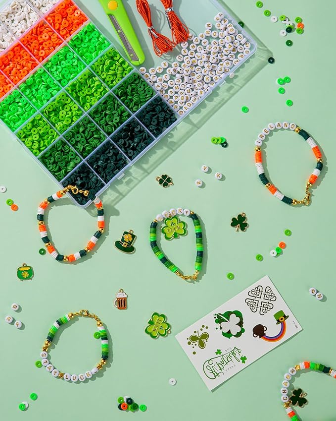 Goldwise Green Beads, St. Patrick’s Day Bracelet Making Kit, Green, White & Orange Beads with Shamrock & Symbolic Charms for Bracelets, Necklaces & Personalized Accessories