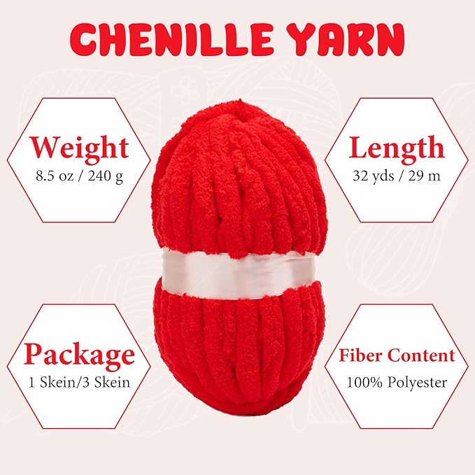 Chunky Yarn for Hand Knitting, Jumbo Chunky Yarn for Crocheting, Chunky Chenille Yarn, 1 Pack (32 yds 8.5 oz Each Skein),#7, Red