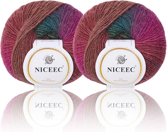 NICEEC 2 Skeins Rainbow Soft Yarn 100% Wool Gradient Multi Color Yarn for Crocheting Knit Total Length 180m×2(196yds×2,50g×2)-20#