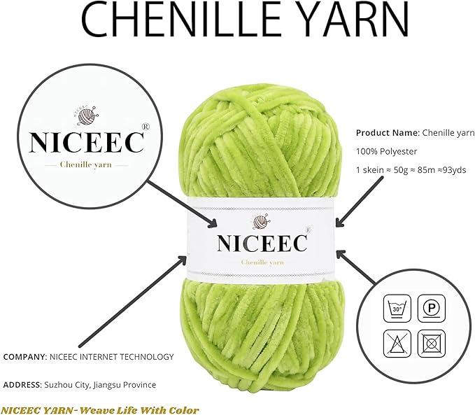 NICEEC 3 Skeins Soft Chenille Yarn Blanket Yarn for Knitting Fancy Yarn for Crochet Weaving DIY Craft Total Length 3×85m (3×93yds, 3×50g)_Spring Green