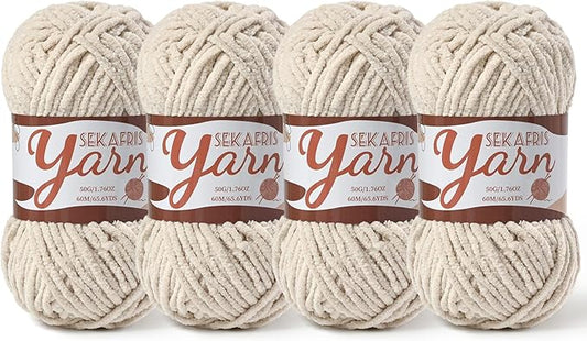 4 Pack Fluffy Velvet Yarn for Crocheting，Baby Blanket Yarn for Crocheting Soft，200g(262.4yds) Amigurumi Yarns，Plush Chenille Crochet Yarns，Puzzle Yarn for Crochet Weaving Craft(4 Light Khaki)