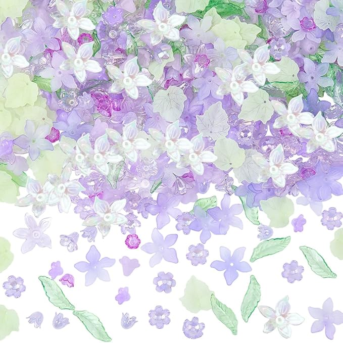 500Pcs Acrylic DIY Flower Leaf Beads Kits Including Assorted Purple Flower Loose Beads Maple Leaf Pendants Charms Acrylic Floral Caps for Earring Bracelet Necklace Craft Jewelry Making