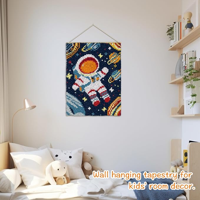 YP Astronaut Planet Latch Hook Rug Kits,Latch Hook Kits for Adults DIY Rug Crafts Arts Carpet for Home Decoration Festival Gifts,20.5" X 15"