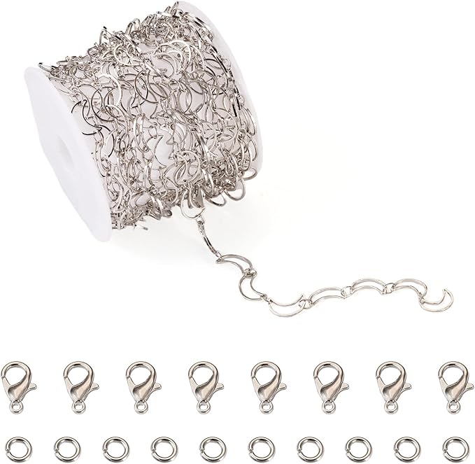 Sparkeads 9.84 Feet(3m) Silver Chain for Jewelry Making,Brass Hollow Moon Link Chains,Silver Link Necklaces for Women, Cable Chain for Bracelet DIY Earring Craft Supplies Jewelry Making Kits,10x6x1mm