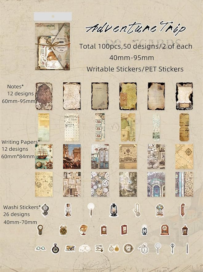 100PCS Vintage Journaling Scrapbooking Supplies Ephemera Pack for Journals Planners Decoupage Paper Scrapbook Stickers Aesthetic Cottagecore Collage Craft Album (Adventure Tours)
