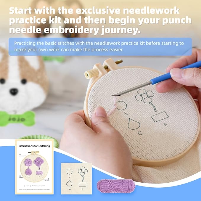 MOREJMTT Punch Needle kit-4 Embroidery kit for Beginners,Punch Needle Kits Adults Beginner,Needles, Curved Scissors, a Tool Storage Box, Easy-to-Follow Instructions, and Tutorial Videos-（4 Dog ）