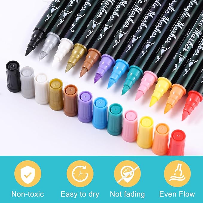 12 Colors Acrylic Paint Markers - Waterproof Dual Tip Acrylic Paint Pens with Brush & Fine Tip Professional Marker Set Scrapbook Markers for Paper Rock Wood Fabric Glass Ceramic and DIY Crafts